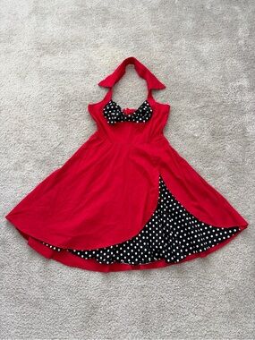 Vintage inspired 1950s Style Red & Black Polka Dot Rockabilly Halter Swing Dress